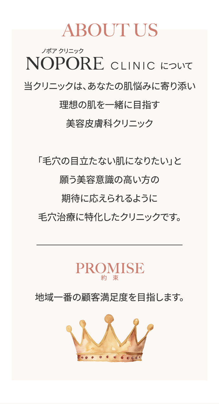 NOPORE CLINICについて 当クリニックは、あなたの肌悩みに寄り添い理想の肌を一緒に目指す美容皮膚科クリニック 「毛穴の目立たない肌になりたい」と願う美容意識の高い方の期待に応えられるように毛穴治療に特化したクリニックです。